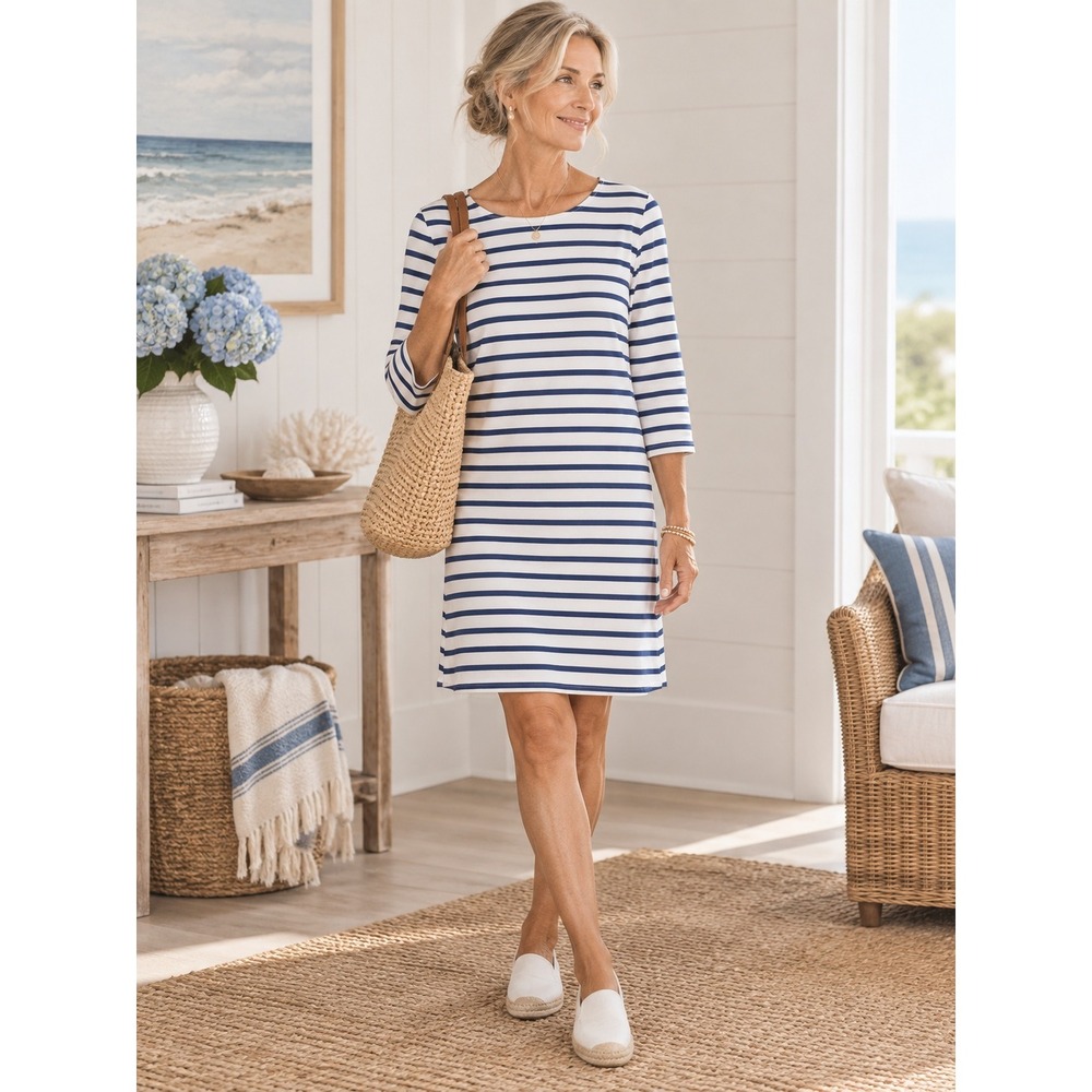 Coastal Nautical Navy White Striped Dress Old Navy Small 3/4 Sleeve
